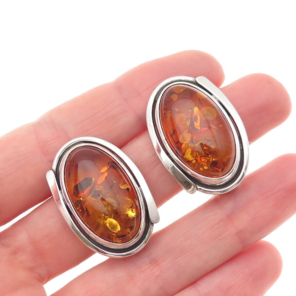 925 Sterling Silver Vintage JB Poland Real Amber Modernist Clip On Earrings